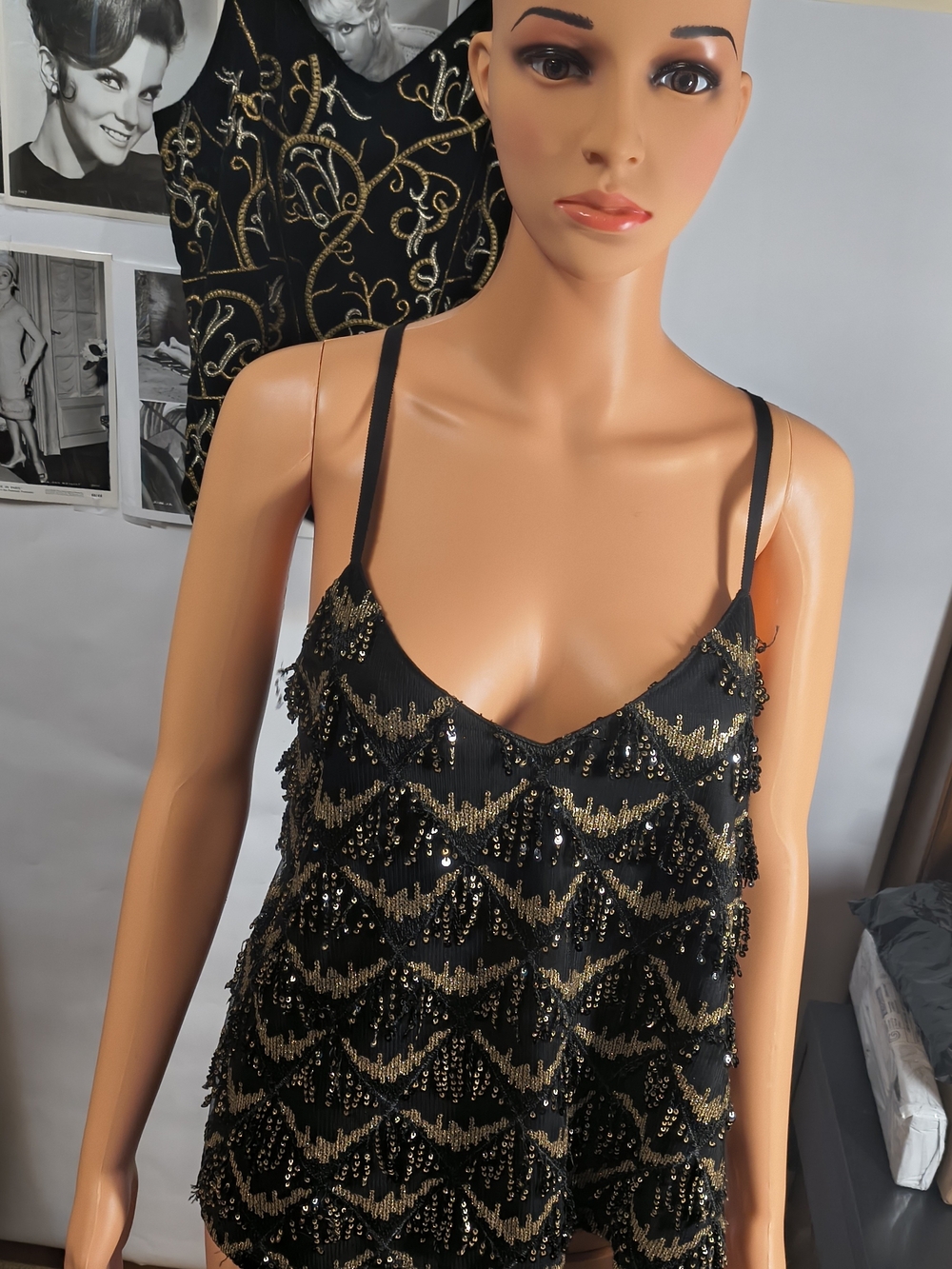 Porridge Anthropologie Black Gold Sequin Beaded Cami Top Large